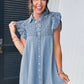 Beau Blue Flutter Sleeve Shirred Button Up Denim Mini Dress