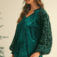 Evergreen Velvet Sequin Patchwork Sleeve Button Up Blouse