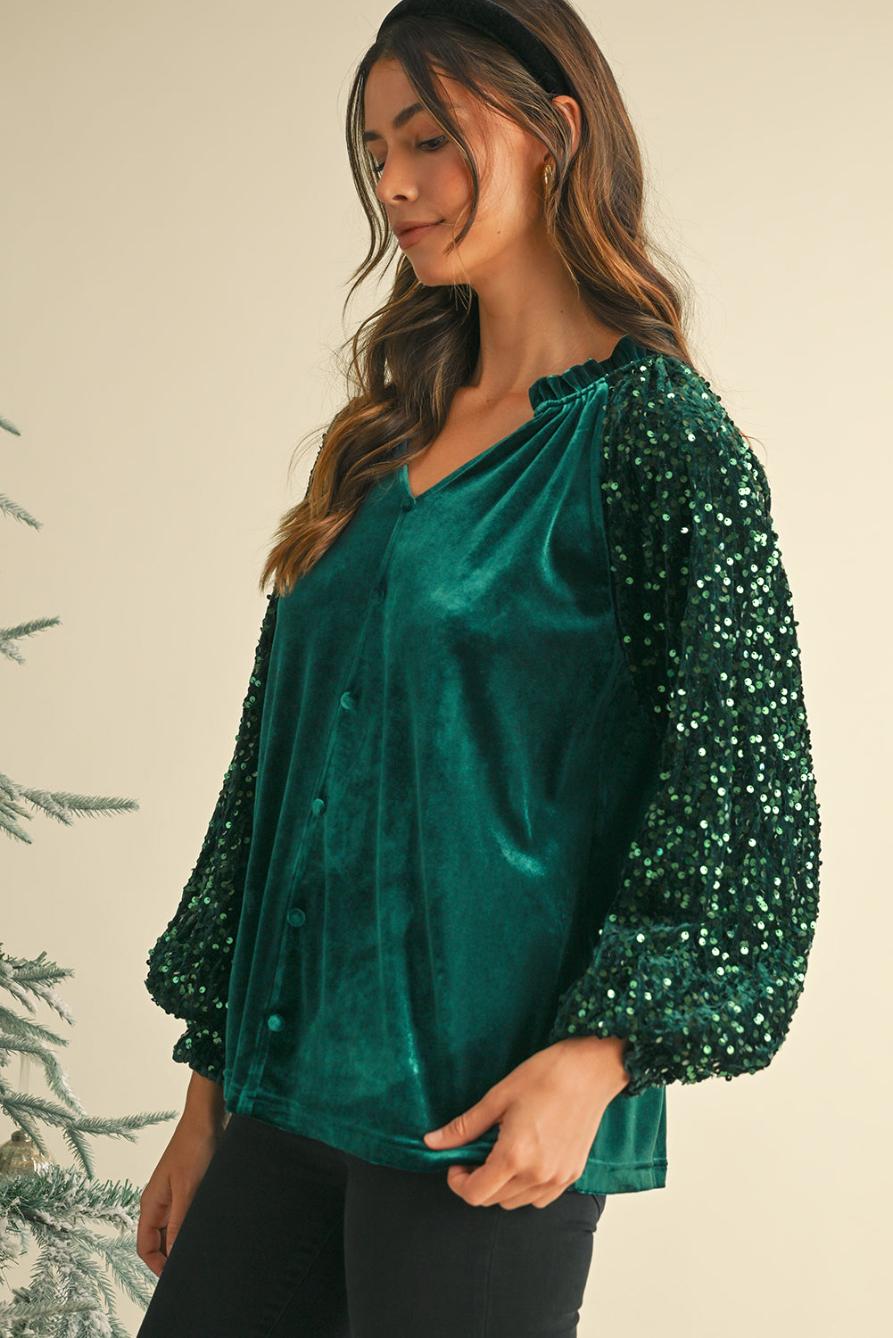 Evergreen Velvet Sequin Patchwork Sleeve Button Up Blouse