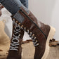 Coffee Wool Knit Patchwork Lace Up Leather Boots