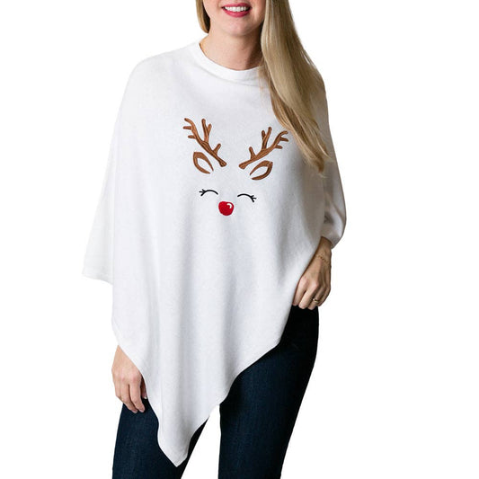 Top It Off - Holly Poncho - New Prints- Fall 2024: White with Rudolph Face