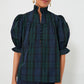 Green Checkered Puff Sleeve Frill Trim Blouse