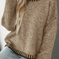 Pale Khaki Contrast Trim Mock Neck Drop Shoulder Sweater