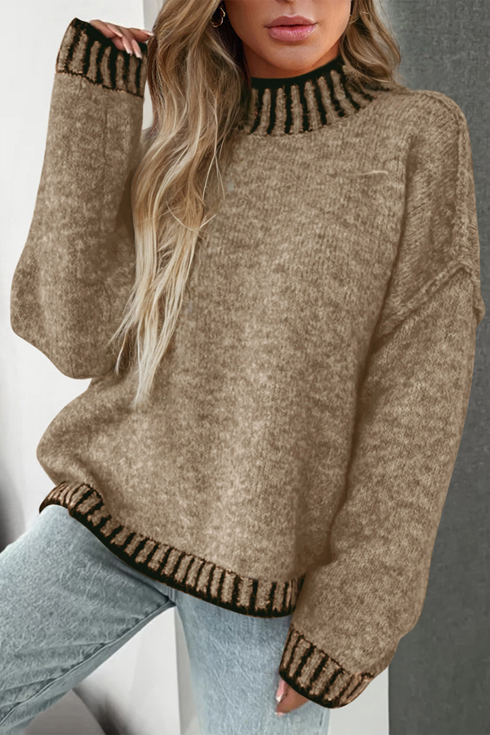 Pale Khaki Contrast Trim Mock Neck Drop Shoulder Sweater