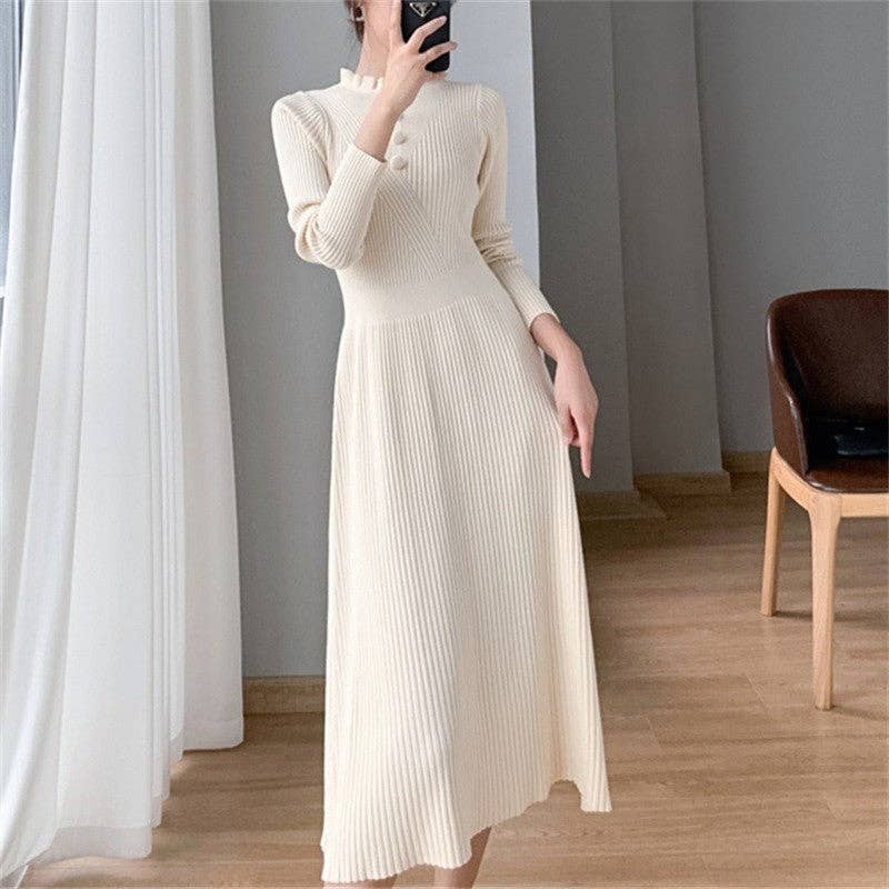 UZ Wholesale Store - Solid Color Slim Fit Half High Neck Knitted Long Dress: BLACK / One_size