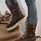 Coffee Wool Knit Patchwork Lace Up Leather Boots