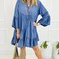 Sky Blue Chambray Ruffled 3/4 Sleeve Tiered Split V Neck Mini Dress