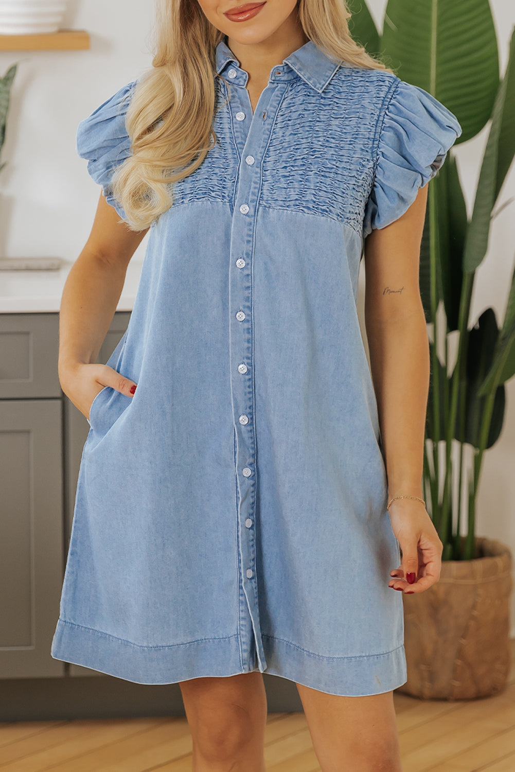 Beau Blue Flutter Sleeve Shirred Button Up Denim Mini Dress