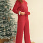 Evergreen Crinkle Rib JOLLY Pattern Long Sleeve Top and Pockets Pants Set