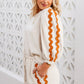 White Ric Rac Trim Long Sleeve Top and Wide Leg Pants Set