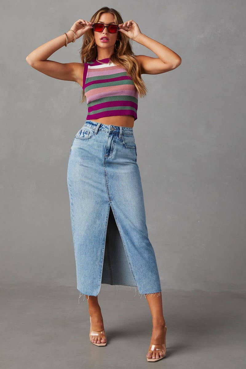 Lily Clothing - Washed denim solid color high slit long skirt: BLUE / (M) 1