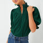 Green Checkered Puff Sleeve Frill Trim Blouse