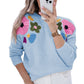 Light Blue 60s Flower Pattern Ribbed Edge Sweater