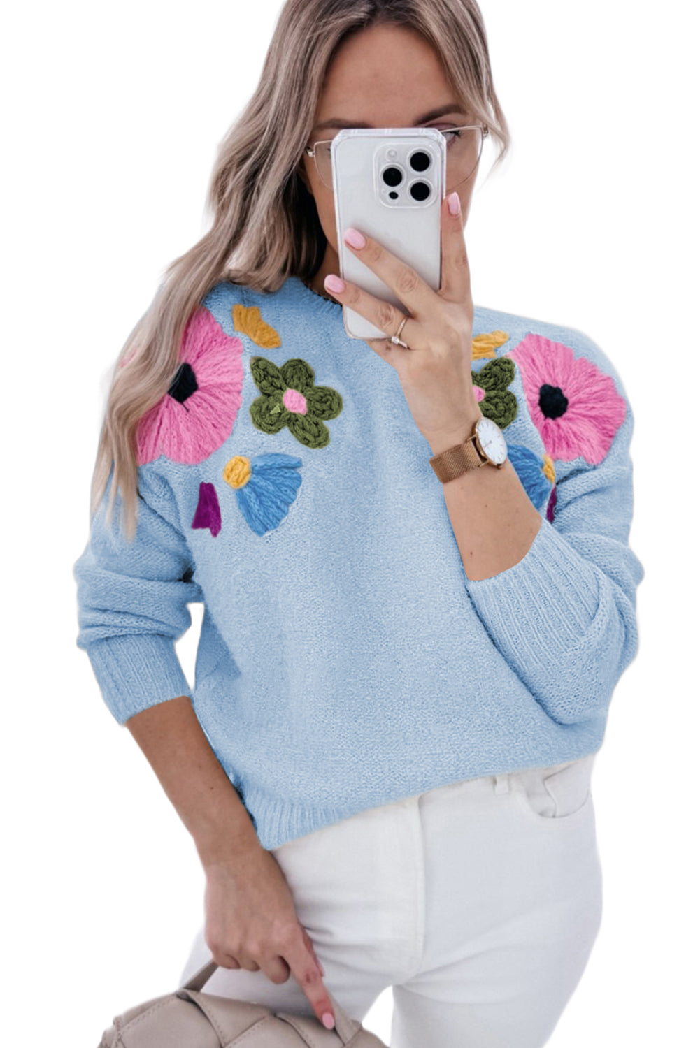 Light Blue 60s Flower Pattern Ribbed Edge Sweater