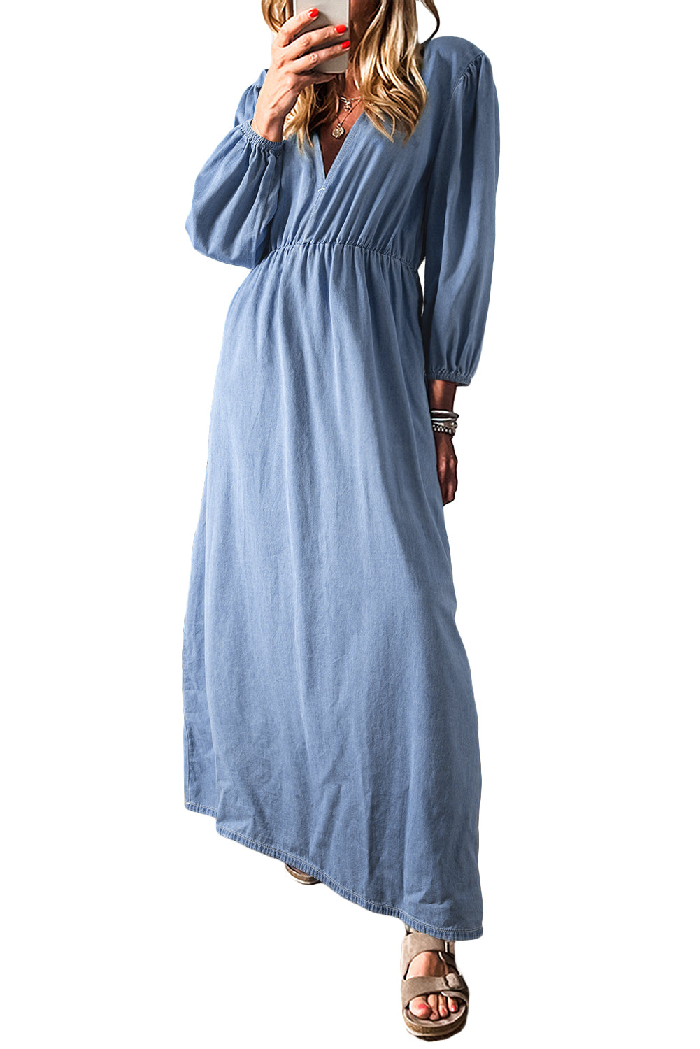 Myosotis Chambray Deep V Neck Bracelet Sleeve Maxi Dress