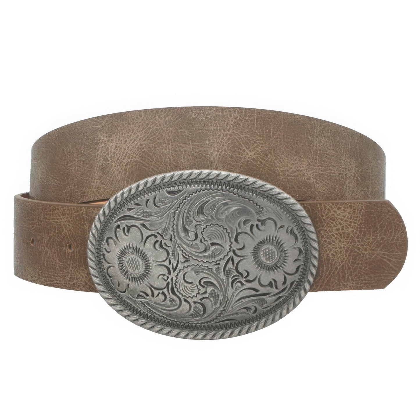 Flower Embossed Oval Buckle Vintage Strap Belt