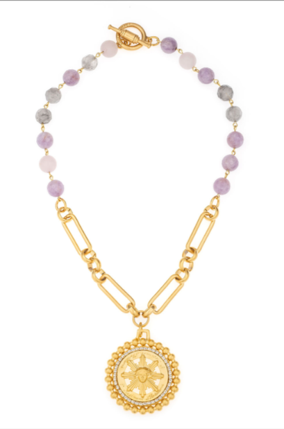 French Kande 17" Lavender Mix on Gold Wire 24k Chablis Chain and Sun King Crystal Medallion
