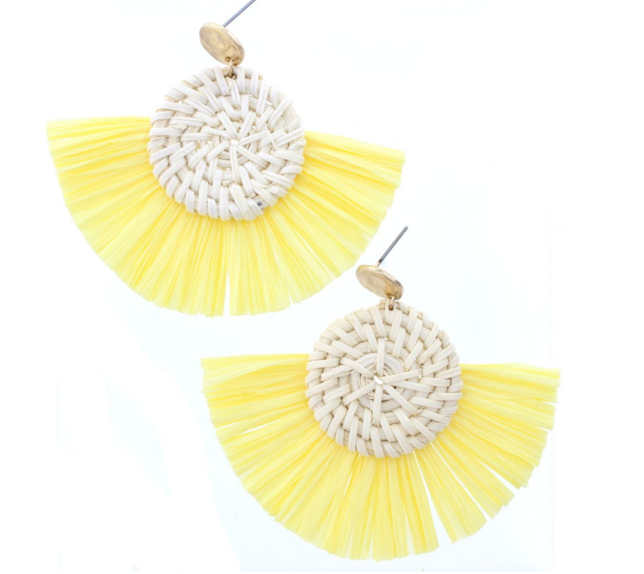 Jane Marie Gold Circle Stud Wicker Weave Circle Yellow Fan Raffia Earring