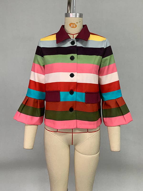 UZ Wholesale Puff Sleeves Multi-Colored Thick Striped Lapel Blouses&Shirts Tops: COLORFUL / L