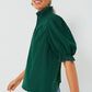 Green Checkered Puff Sleeve Frill Trim Blouse