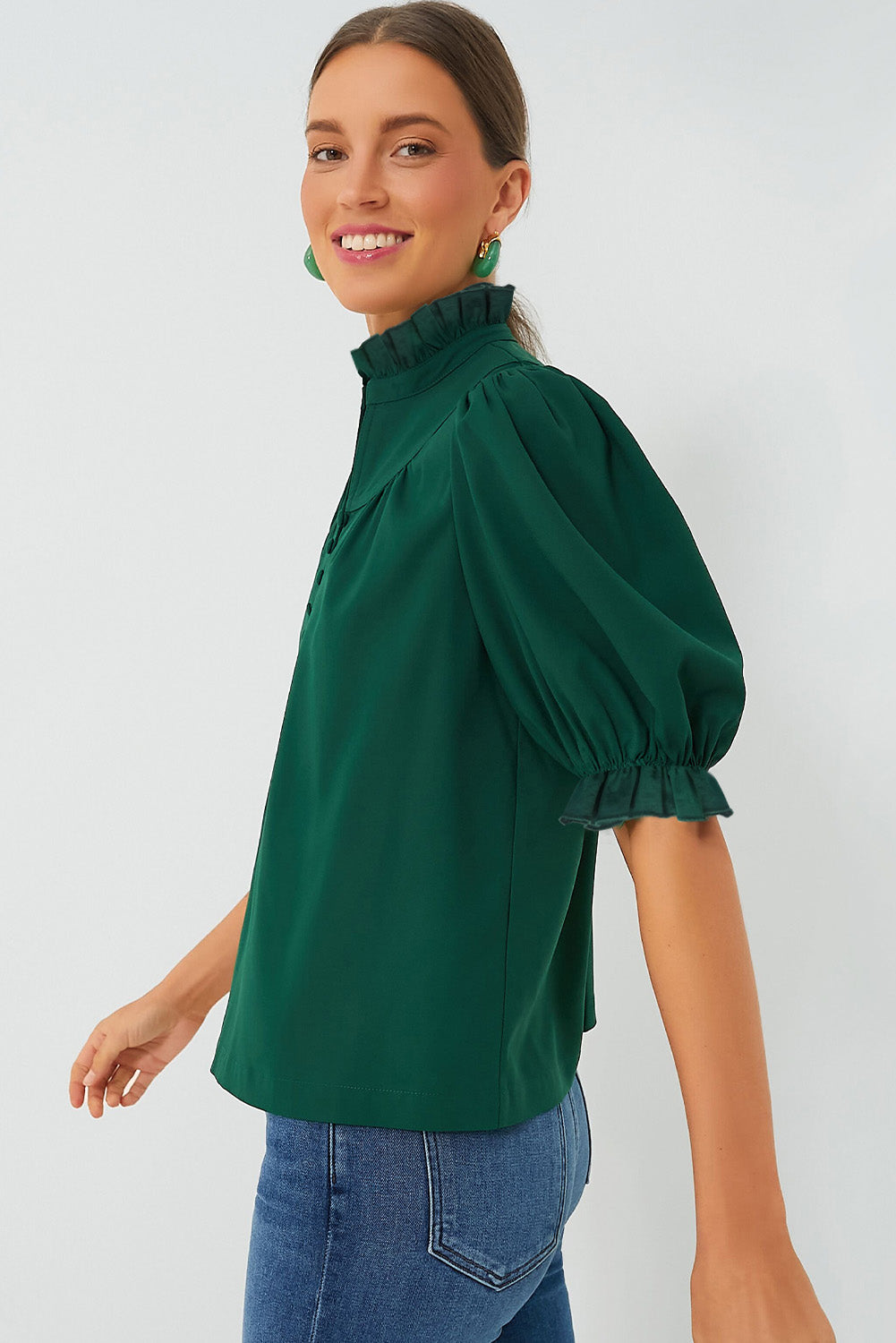 Green Checkered Puff Sleeve Frill Trim Blouse