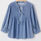 Myosotis Denim Bow Tie Pleated Puff Sleeve Top