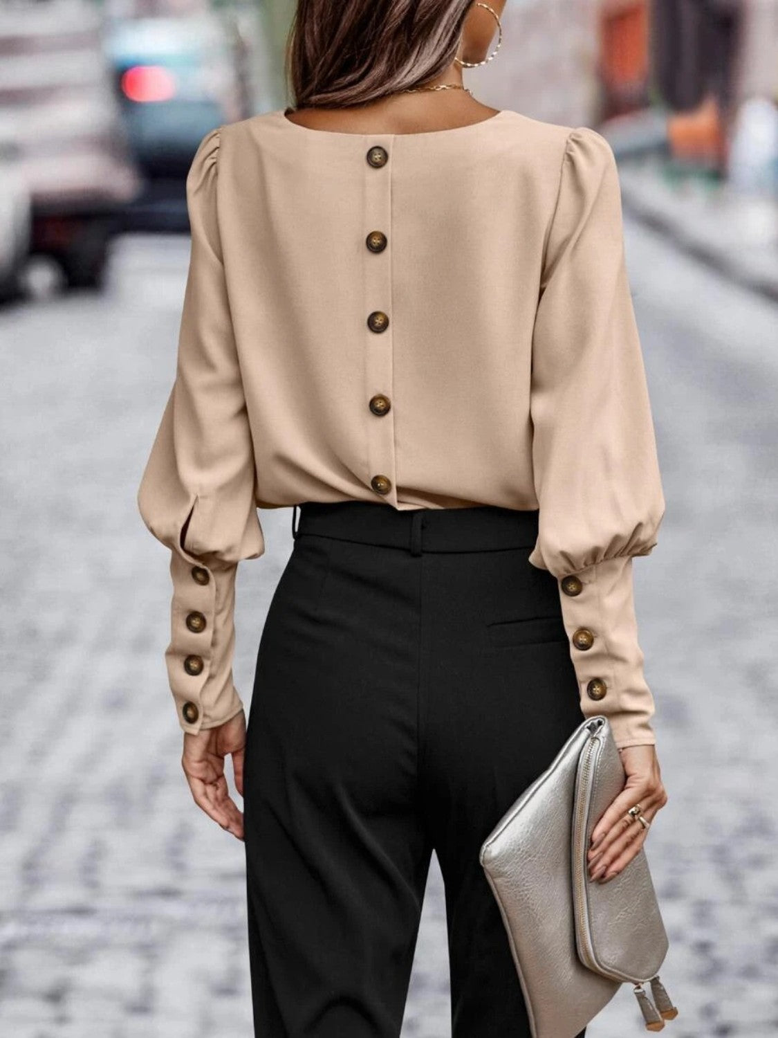 Round Neck Lantern Sleeve Blouse