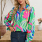 Green Abstract Print Ruffled Sleeve Buttoned V Neck Blouse