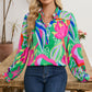 Green Abstract Print Ruffled Sleeve Buttoned V Neck Blouse