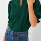 Green Checkered Puff Sleeve Frill Trim Blouse