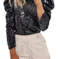 Black Sequin Mock Neck Ruched Puff Sleeve Top