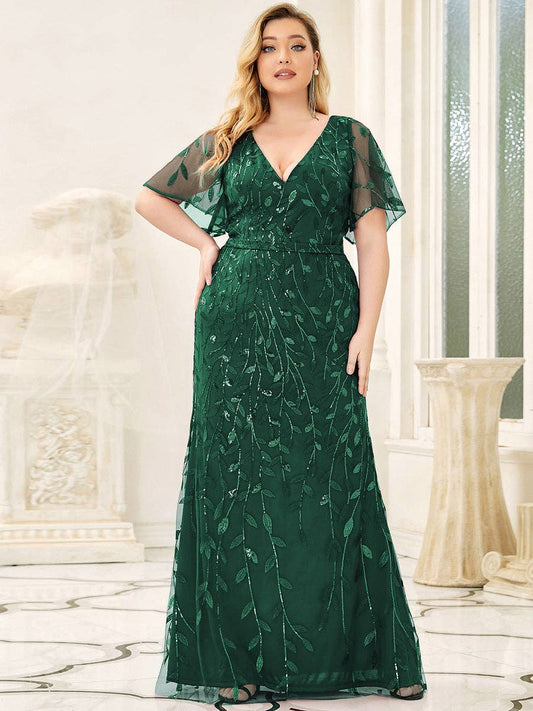 Ever-Pretty - Plus Size V Neck Mermaid Sequin & Tulle Evening Dress: Dark Green / 24