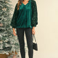 Evergreen Velvet Sequin Patchwork Sleeve Button Up Blouse