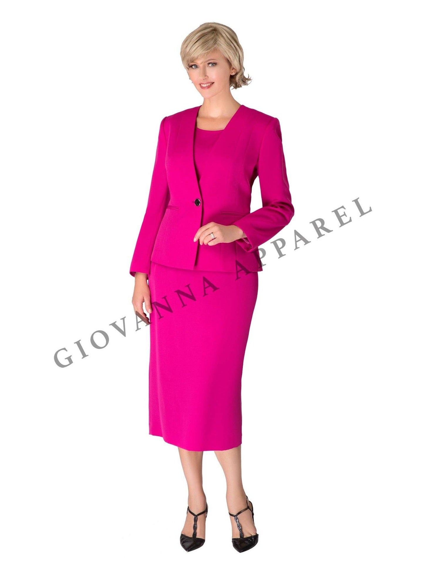 Giovanna - 3pc Collarless Clean Lines Detailed Skirt Suit: DARK NAVY / 16