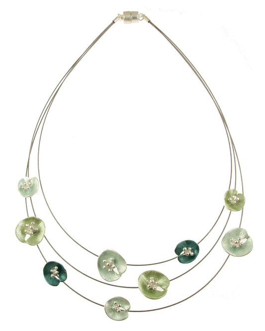 Origin Jewelry - Floral Lilypad Necklace, Three Strands, 18", Magnetic Clasp: Aqua