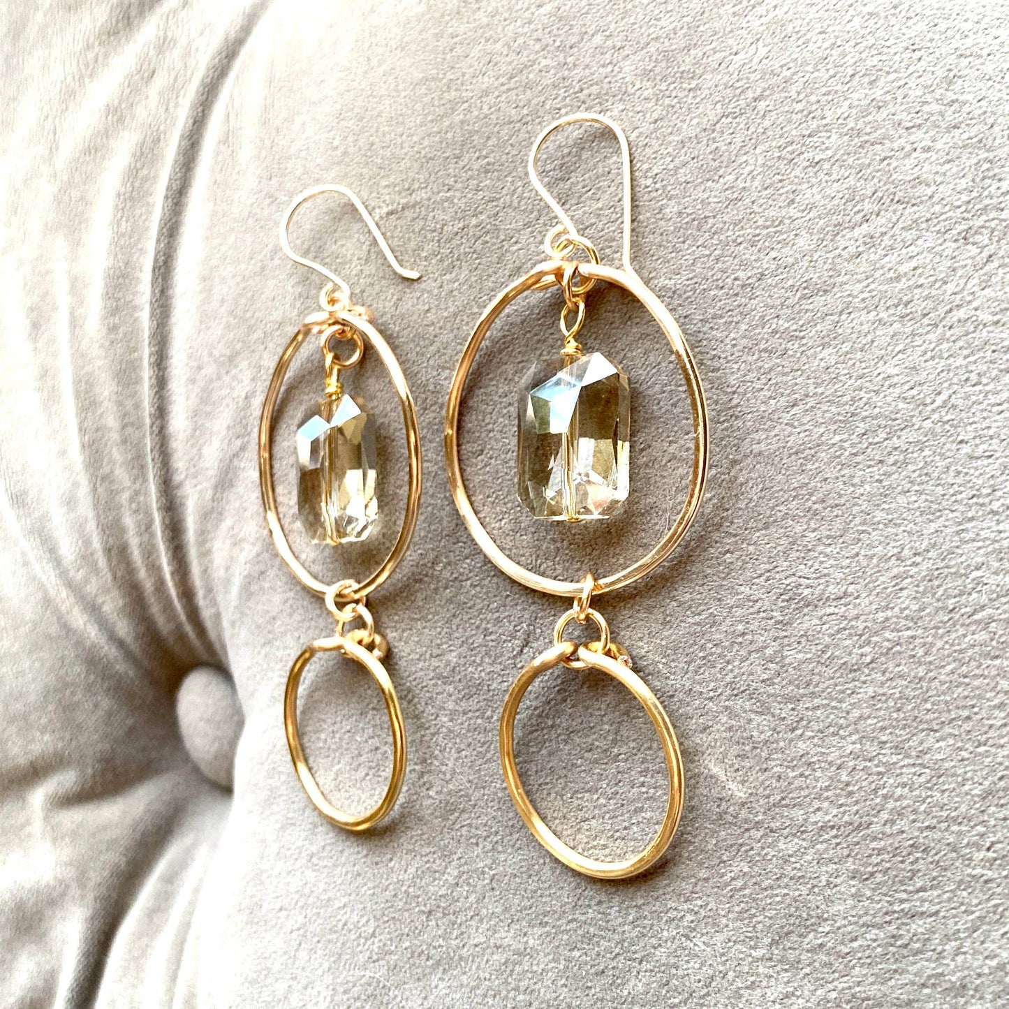 Marble Designs Jewelry - Gold Hammered Double Hoop Earrings with Champagne Crystal: Champagne