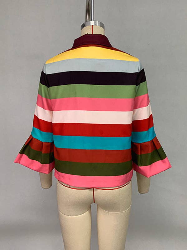 UZ Wholesale Puff Sleeves Multi-Colored Thick Striped Lapel Blouses&Shirts Tops: COLORFUL / L