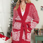 Red Contrast Trim Open Front Belted Long Cardigan