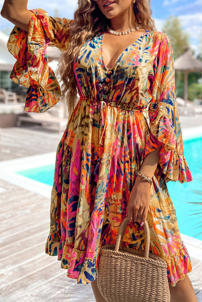 Pink Tropical Print Flared Sleeve Ruffle Hem High Waist Flowy Dress