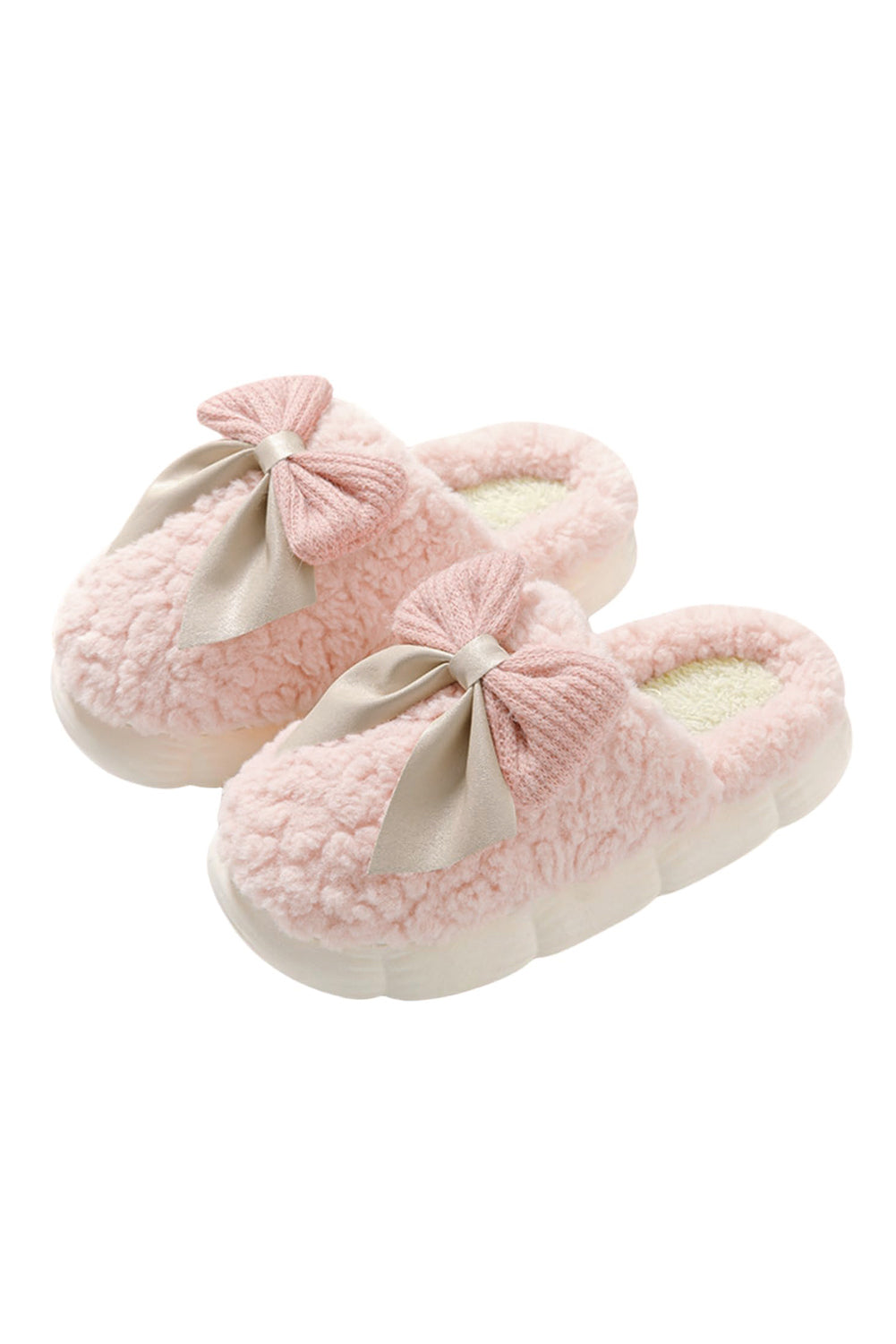 Pink Contrast Bowknot Applique Plush Winter Slippers