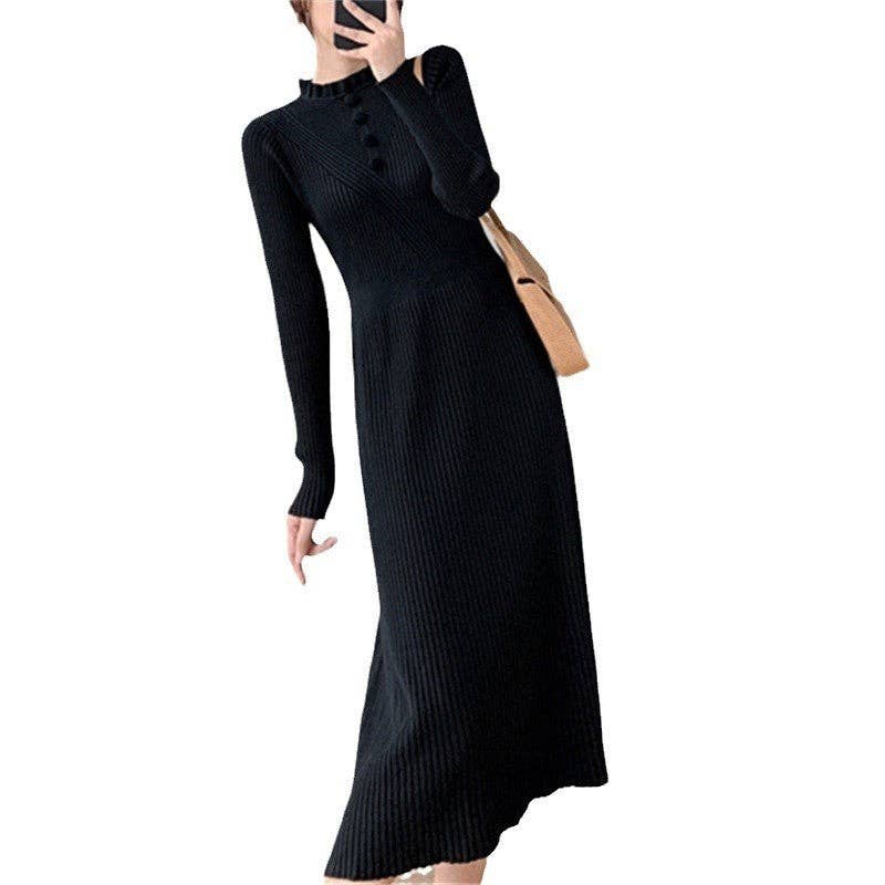 UZ Wholesale Store - Solid Color Slim Fit Half High Neck Knitted Long Dress: BLACK / One_size