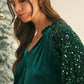 Evergreen Velvet Sequin Patchwork Sleeve Button Up Blouse