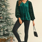 Evergreen Velvet Sequin Patchwork Sleeve Button Up Blouse