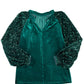 Evergreen Velvet Sequin Patchwork Sleeve Button Up Blouse