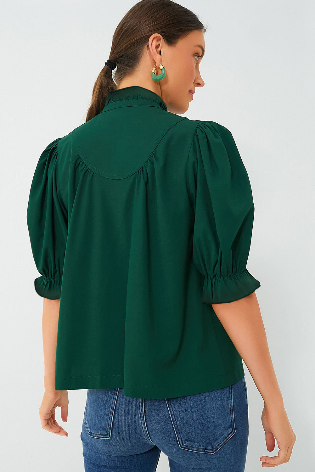 Green Checkered Puff Sleeve Frill Trim Blouse