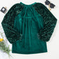 Evergreen Velvet Sequin Patchwork Sleeve Button Up Blouse