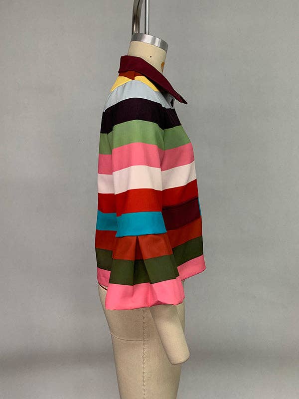 UZ Wholesale Puff Sleeves Multi-Colored Thick Striped Lapel Blouses&Shirts Tops: COLORFUL / L