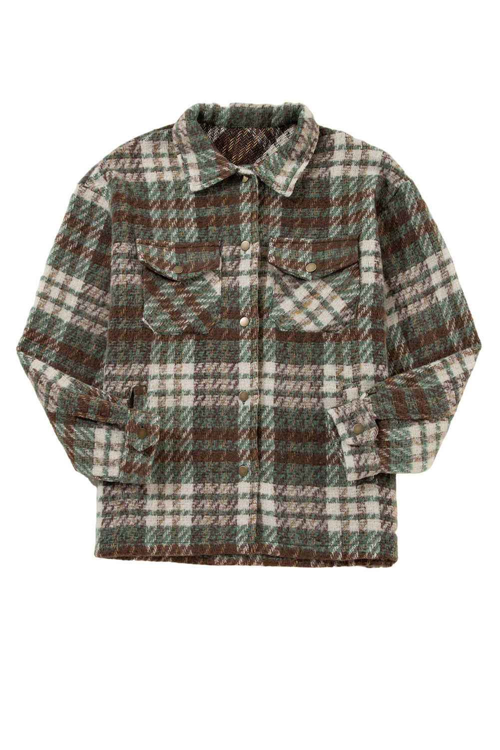 Cinnamon Plaid Print Chest Pockets Turn Down Collar Shacket