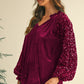 Evergreen Velvet Sequin Patchwork Sleeve Button Up Blouse