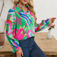 Green Abstract Print Ruffled Sleeve Buttoned V Neck Blouse